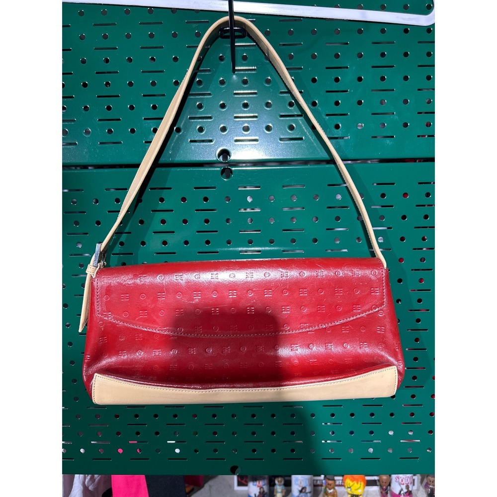 Arcadia Red Embossed Leather Shoulder Bag Tan Trim Made in Italy Baguette Handba